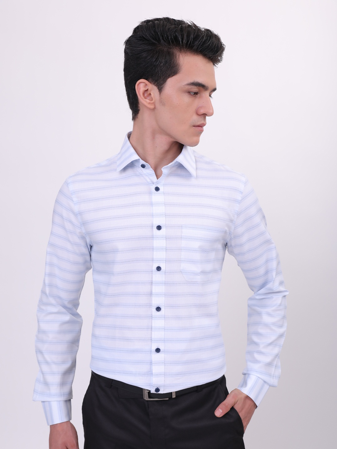 

LOUIS STITCH Horizontal Striped Comfort Regular Fit Opaque Cotton Formal Shirt, Blue