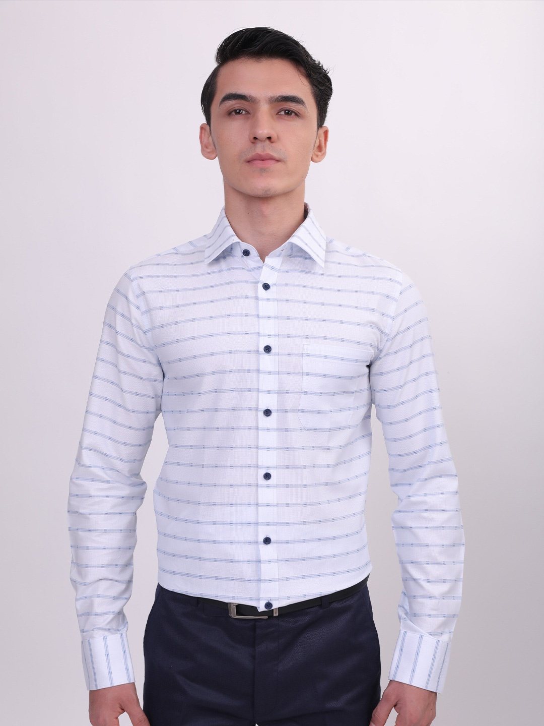 LOUIS STITCH Horizontal Striped Cotton Formal Shirt, Blue