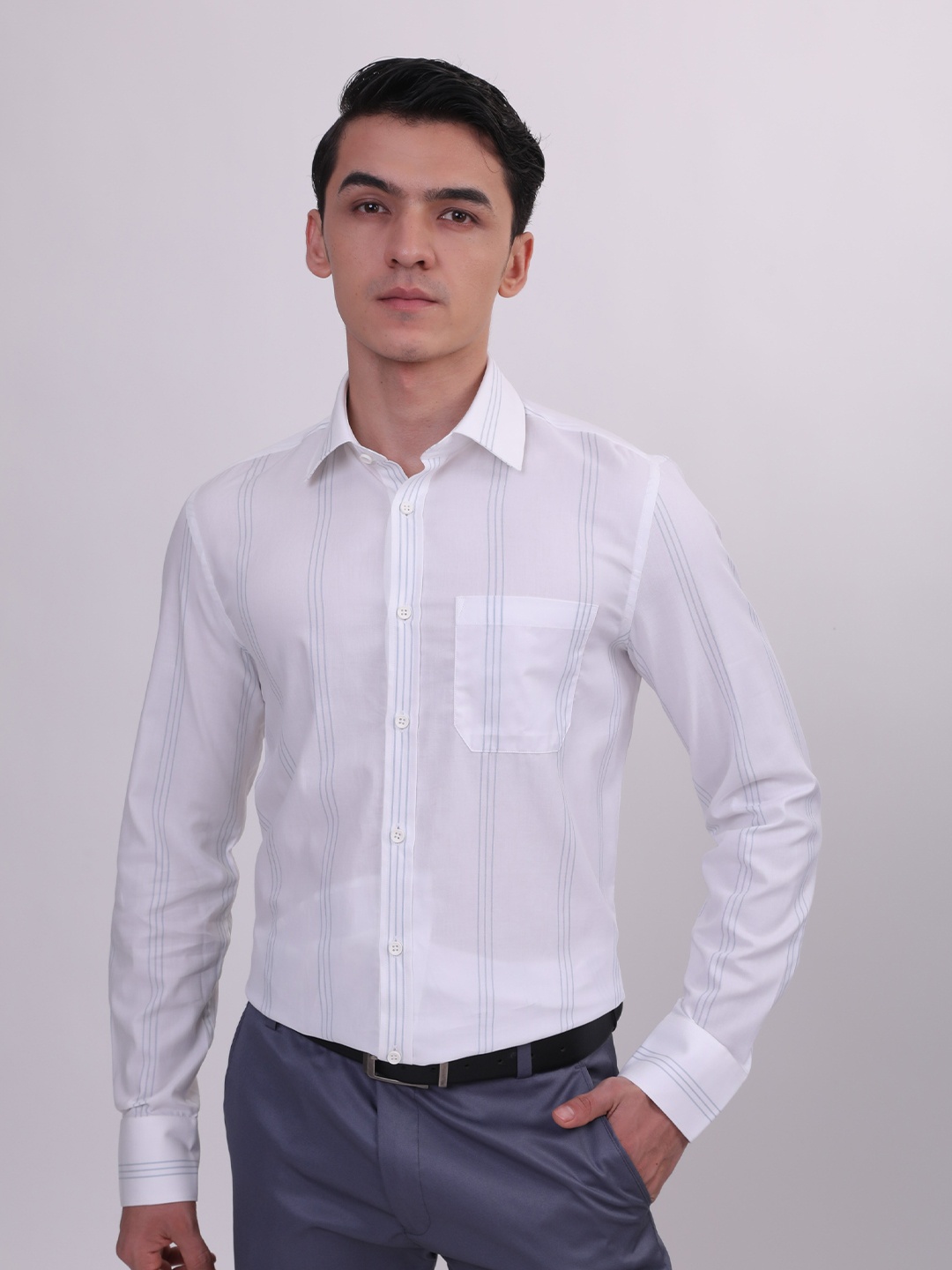

LOUIS STITCH Vertical Striped Comfort Regular Fit Opaque Cotton Formal Shirt, White