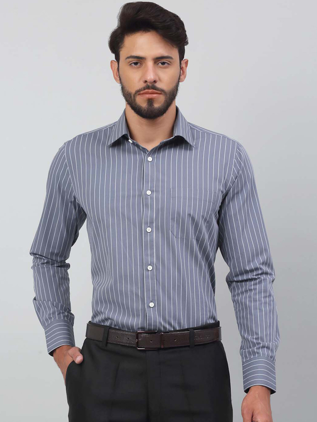 

LOUIS STITCH Vertical Striped Comfort Pure Cotton Formal Shirt, Grey