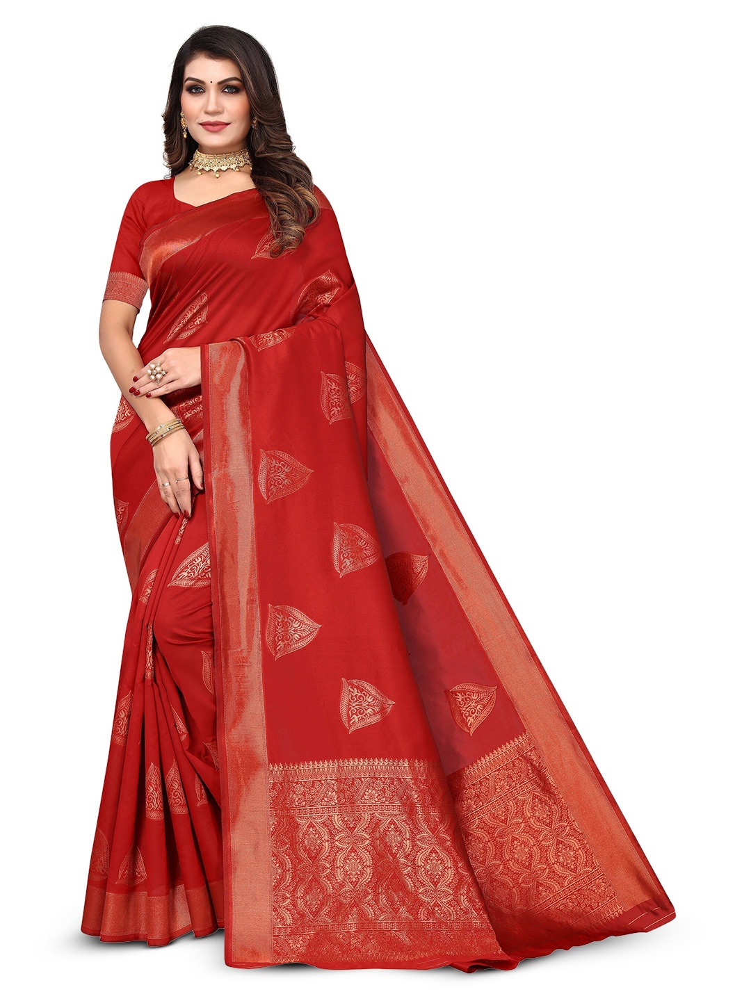 

Varanga Ethnic Motifs Woven Design Zari Art Silk Banarasi Saree, Red