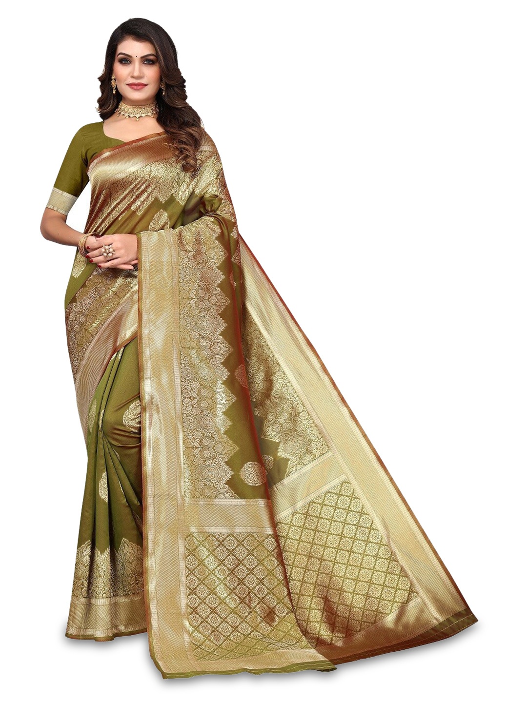 

Varanga Ethnic Motifs Woven Design Zari Detailed Saree, Olive