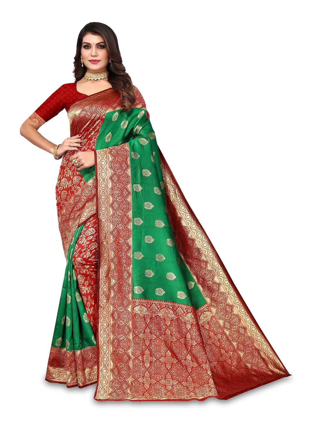

Varanga Ethnic Motifs Woven Design Zari Banarasi Saree, Green