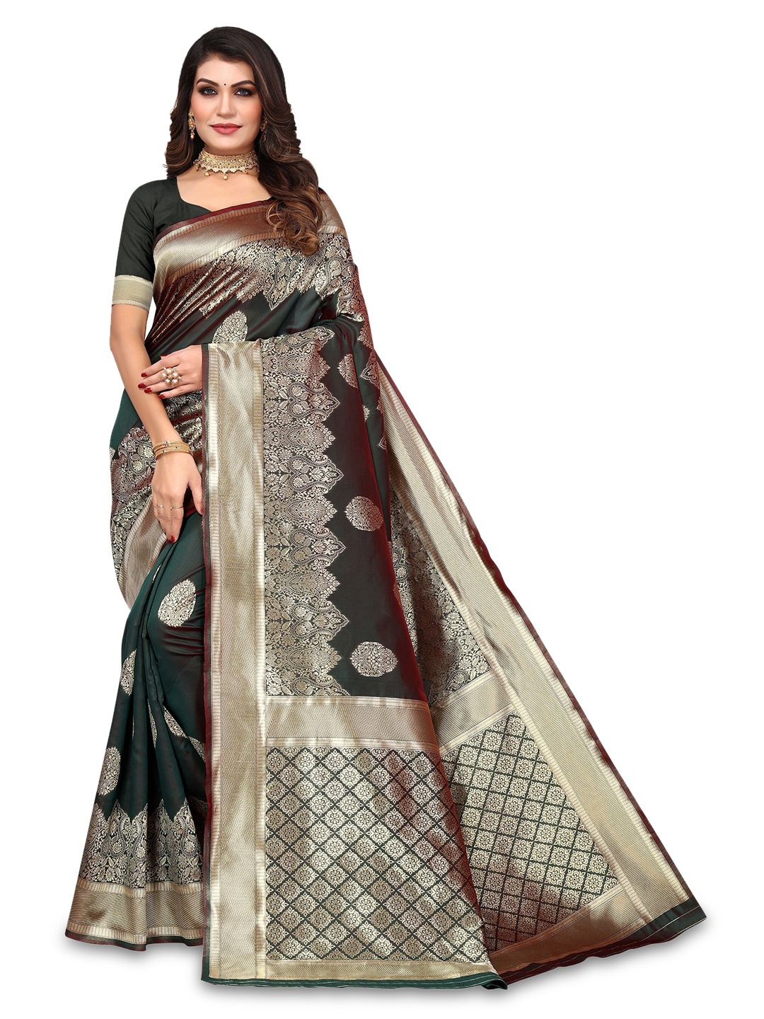 

Varanga Ethnic Motifs Woven Design Zari Banarasi Saree, Green
