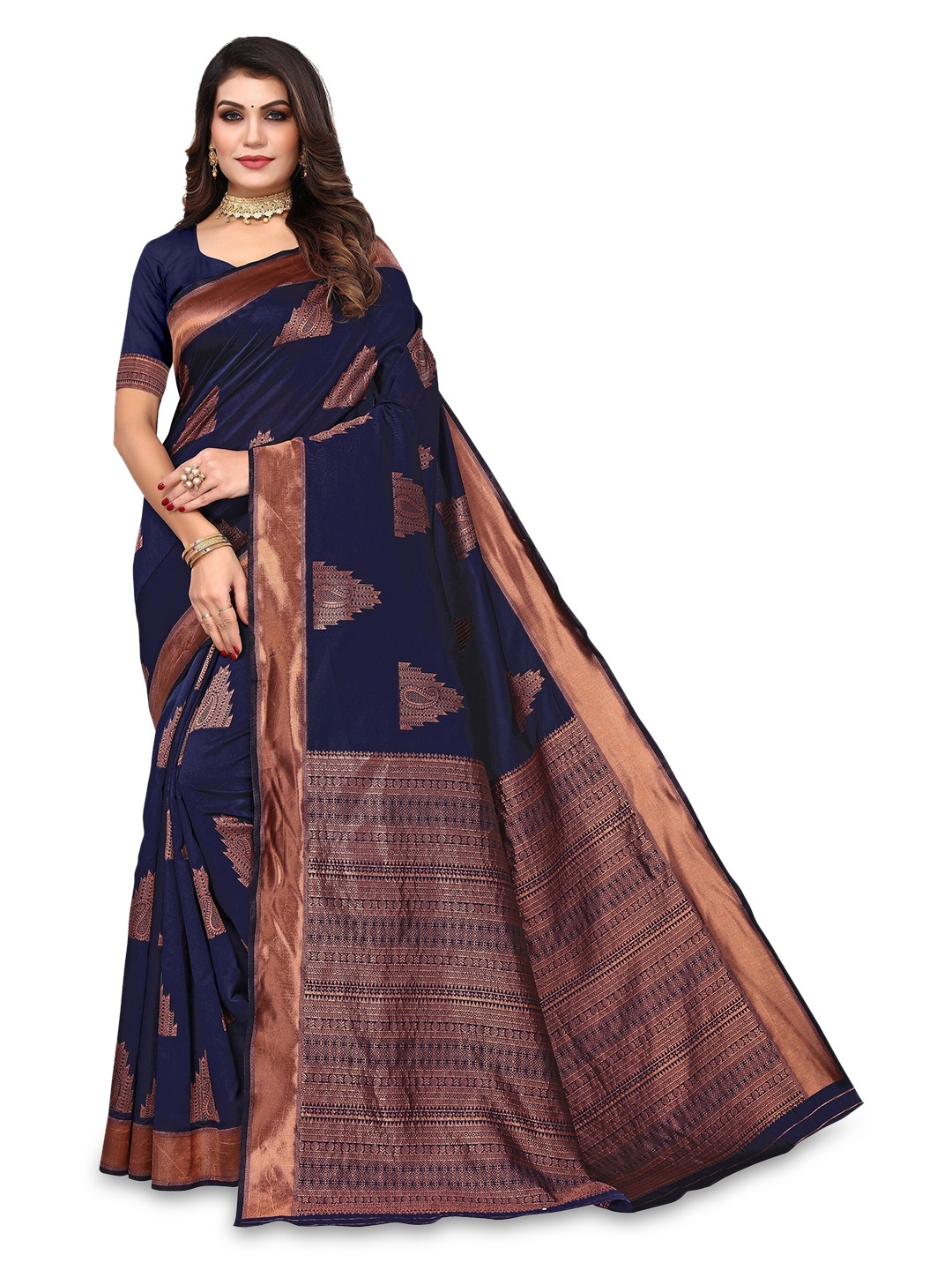 

Varanga Ethnic Motifs Woven Design Zari Art Silk Banarasi Saree, Navy blue