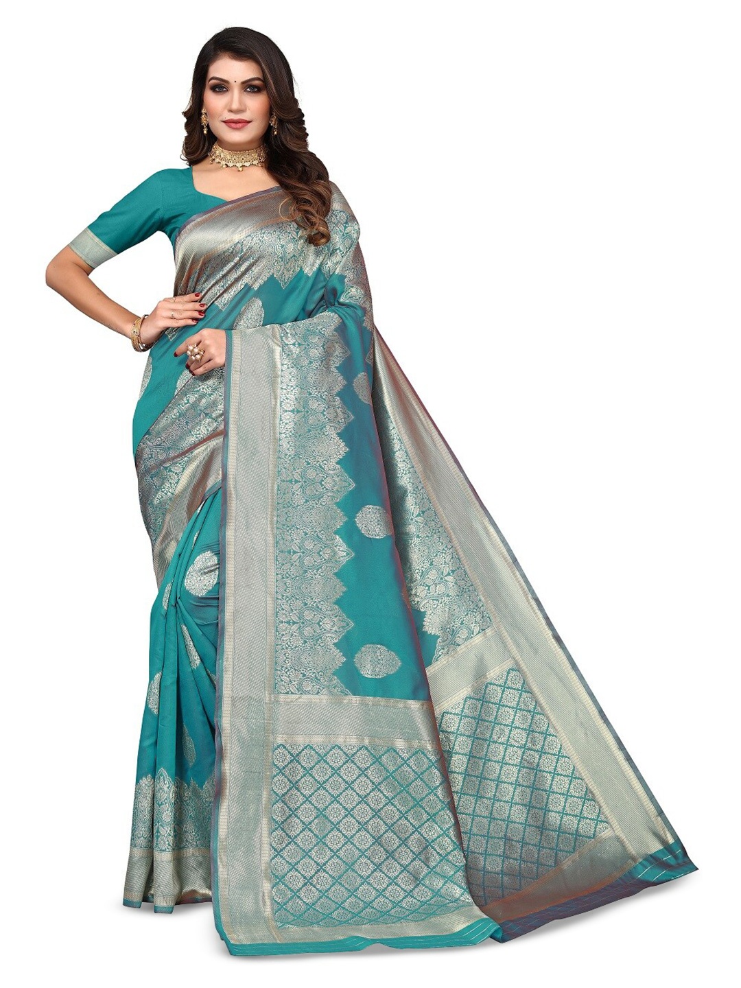 

Varanga Ethnic Motifs Woven Design Zari Banarasi Saree, Turquoise blue