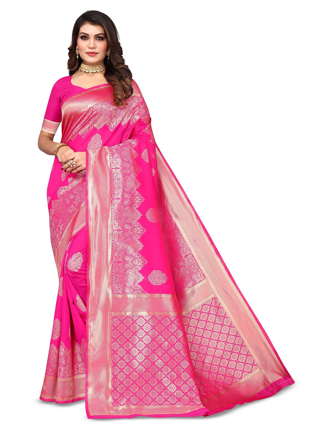 

Varanga Ethnic Motifs Woven Design Zari Art Silk Banarasi Saree, Fuchsia