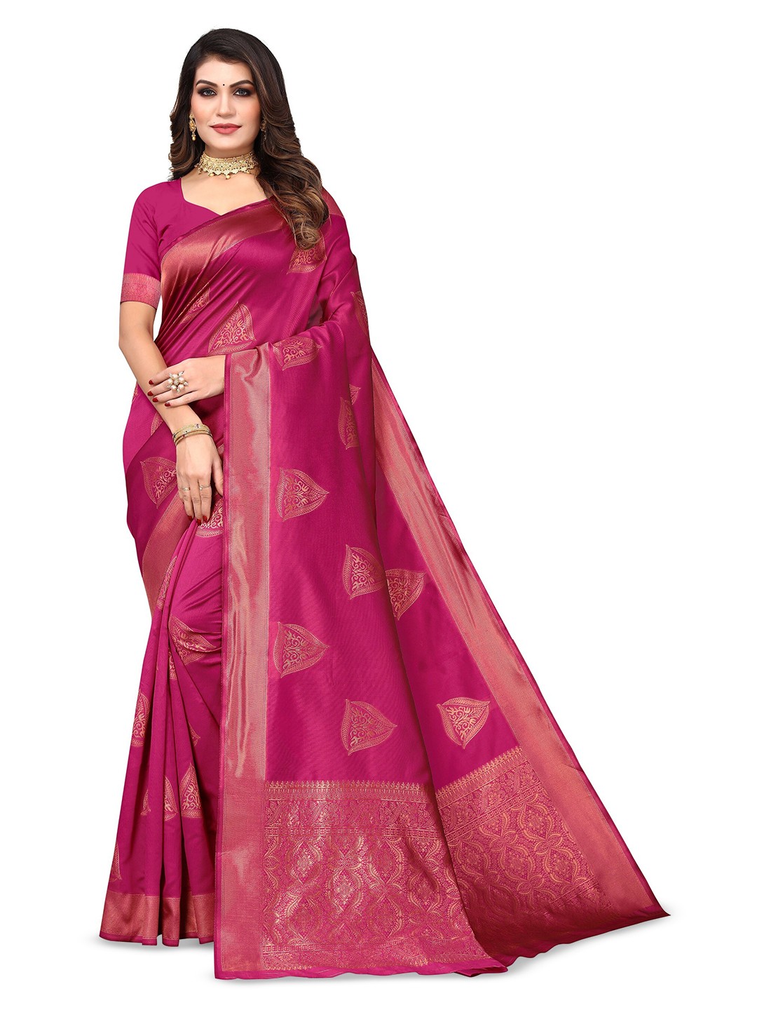 

Varanga Ethnic Motifs Woven Design Zari Art Silk Banarasi Saree, Magenta