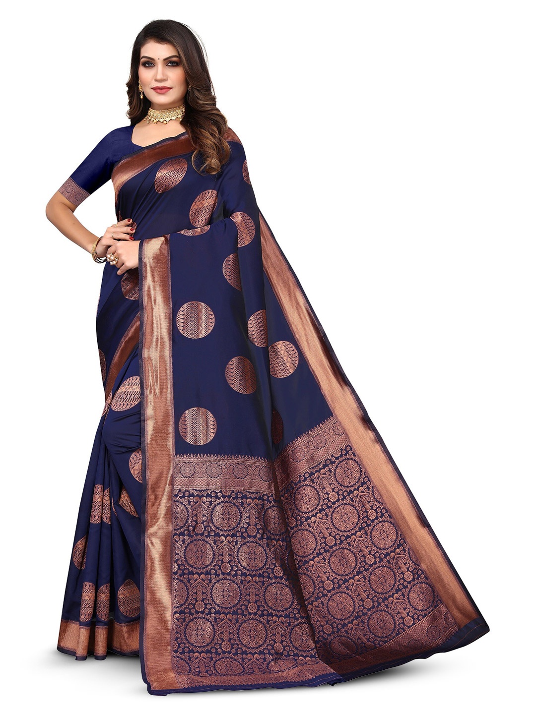 

Varanga Ethnic Motifs Woven Design Zari Art Silk Banarasi Saree, Navy blue