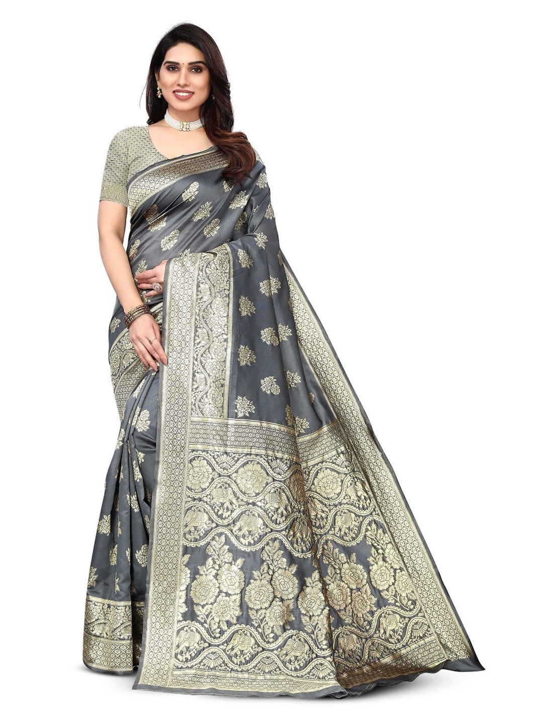 

Varanga Floral Woven Design Zari Art Silk Banarasi Saree, Grey