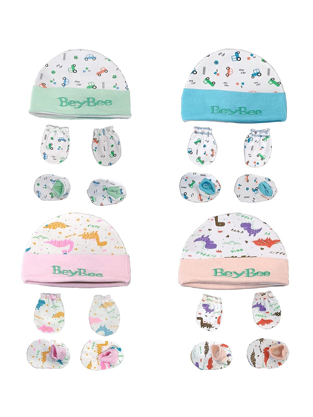 

BeyBee Infants Pack Of 4 Printed Organic Cotton Mittens With Cap & Booties, White