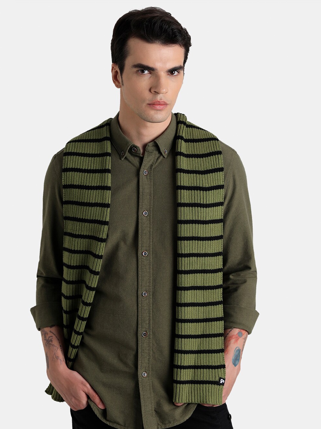 

Jack & Jones Men Striped Cotton Scarf, Green