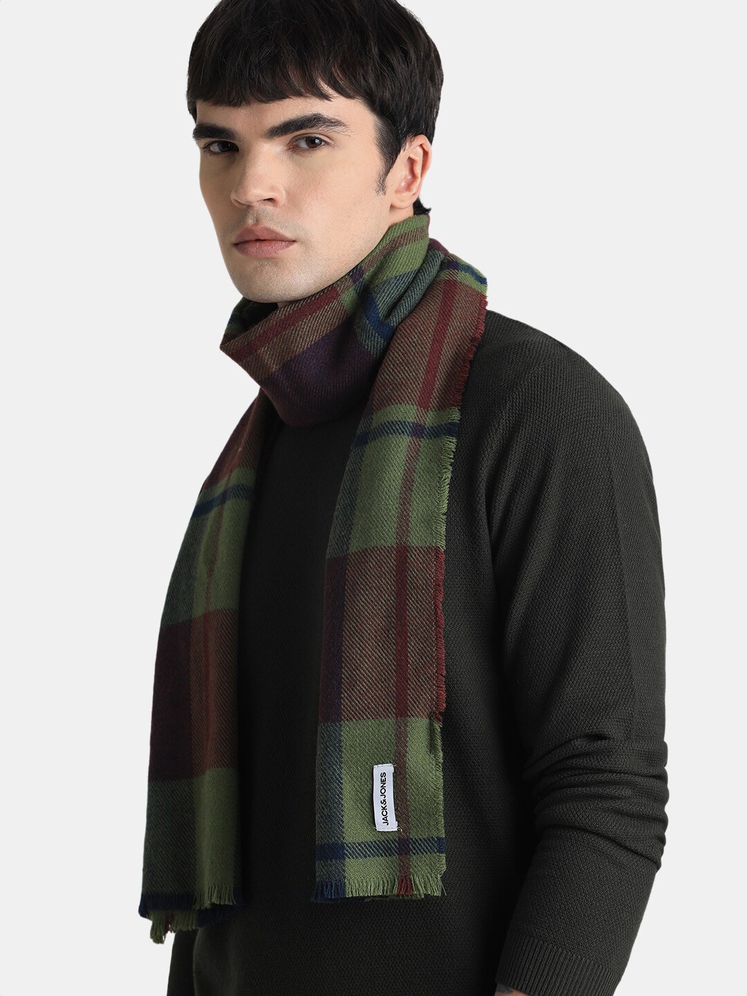 

Jack & Jones Checked Printed Frayed Acrylic Scarf, Green