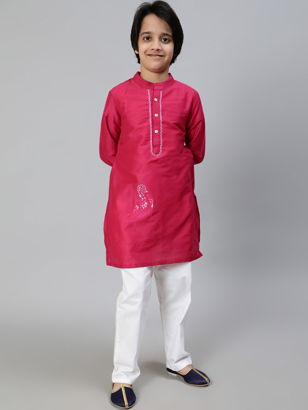 Aks Kids Boys Embellished Mandarin Collar Cotton Silk Straight Kurta, Magenta