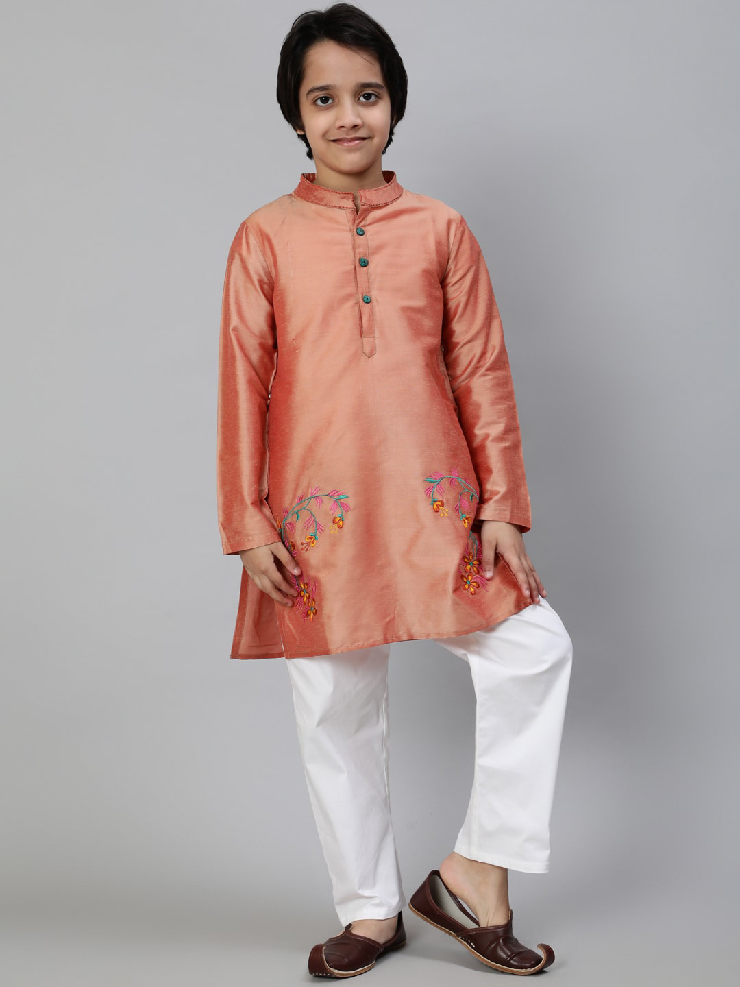 

Aks Kids Boys Floral Embroidered Thread Work Mandarin Collar Cotton Silk Straight Kurta, Rose gold