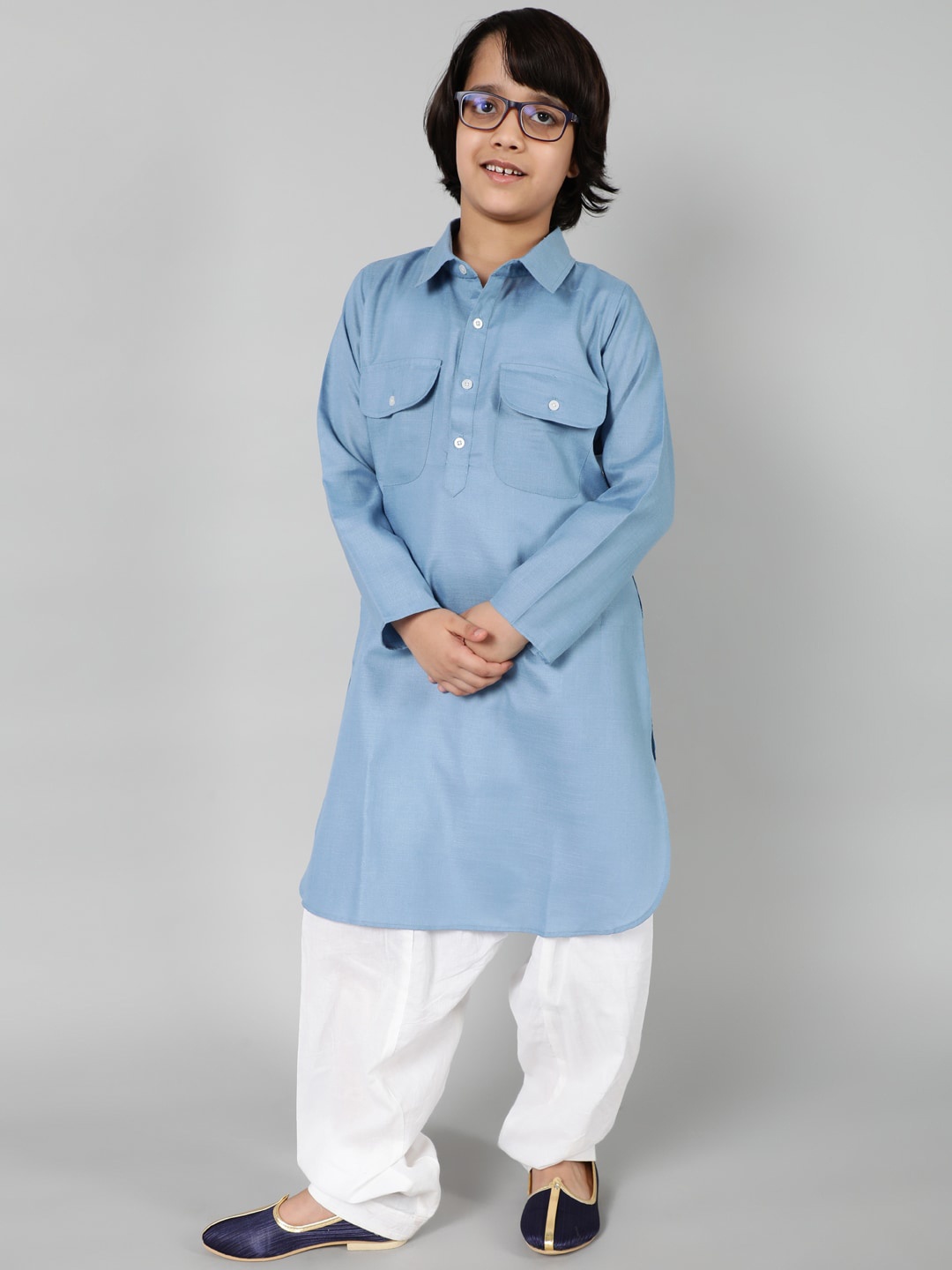 

Aks Kids Boys Shirt Collar Cotton Pathani Kurta, Blue