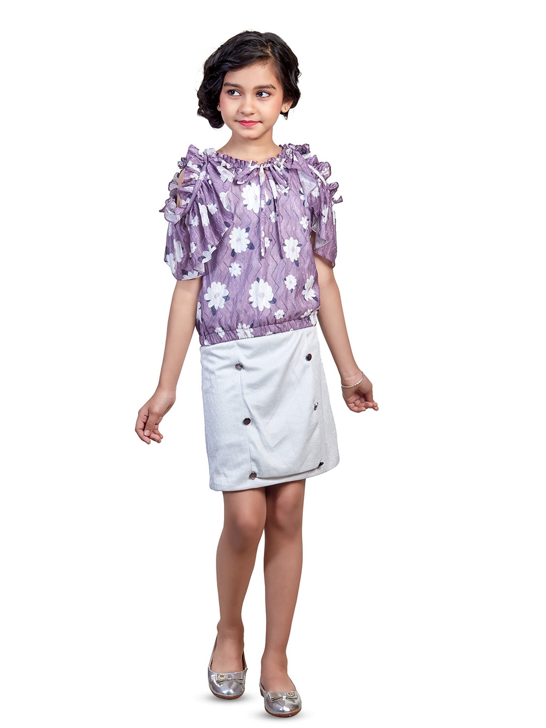 

YK Girls Floral Printed Cold Soulder Ruffles Top with Skirt, Purple