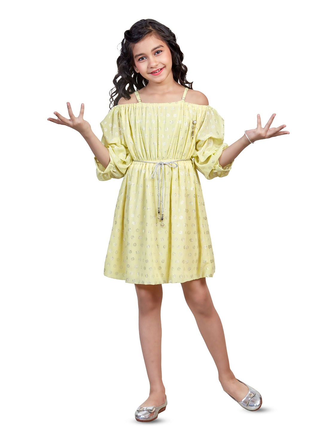 

YK Girls Floral Printed Off-Shoulder Fit & Flare Dress, Yellow