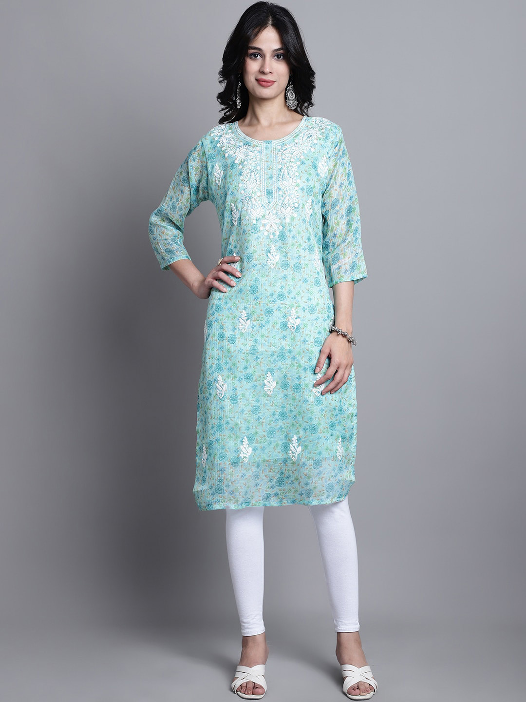 

SOUNDARYA Floral Printed Thread Work Cotton Kurta, Turquoise blue