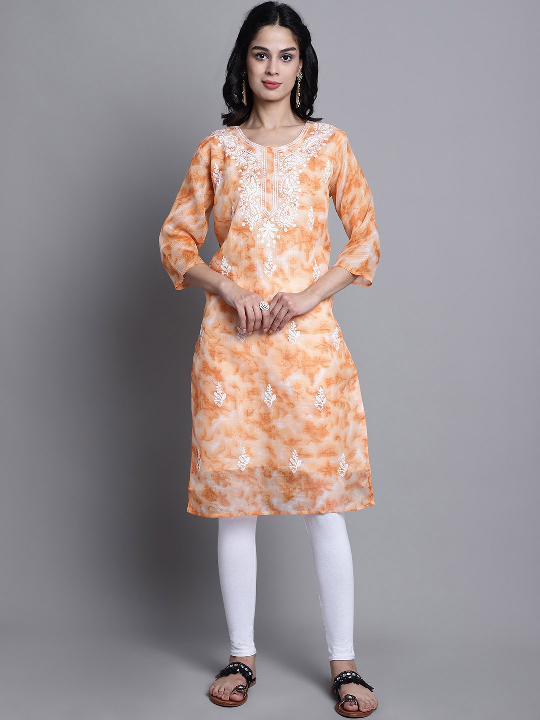 

SOUNDARYA Floral Printed Thread Work Cotton Kurta, Orange