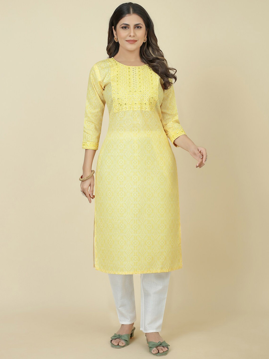 

ZIRVI Ethnic Motifs Printed Sequinned Detail Straight Kurta with Trousers, Yellow