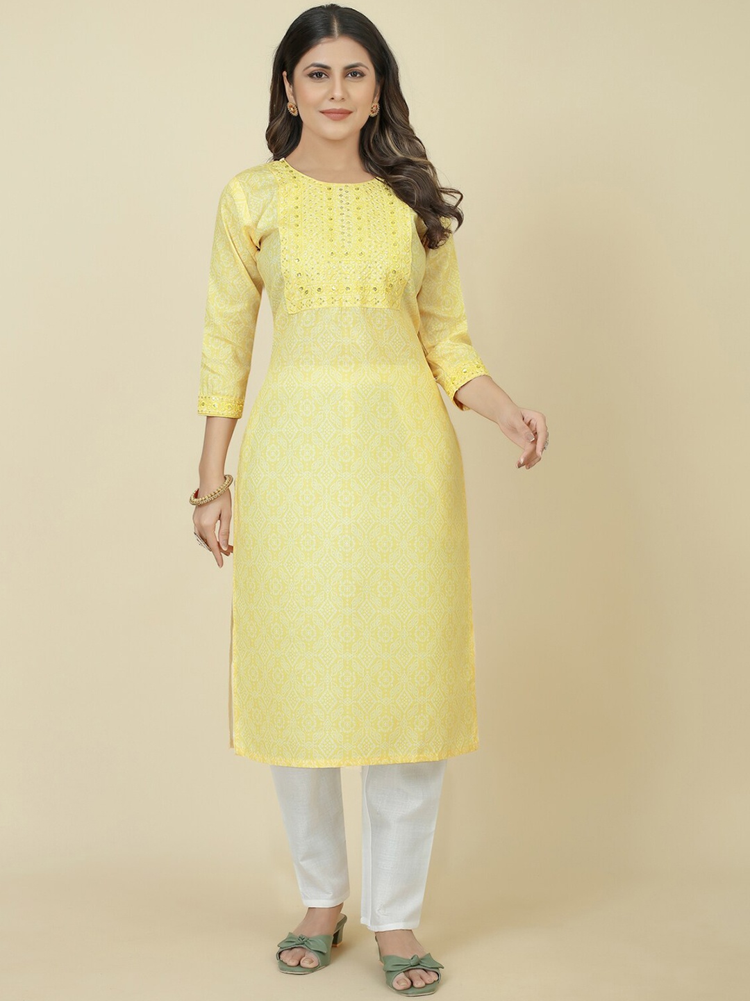 

ZIRVI Ethnic Motifs Printed Thread Work Kurta with Trousers, Yellow
