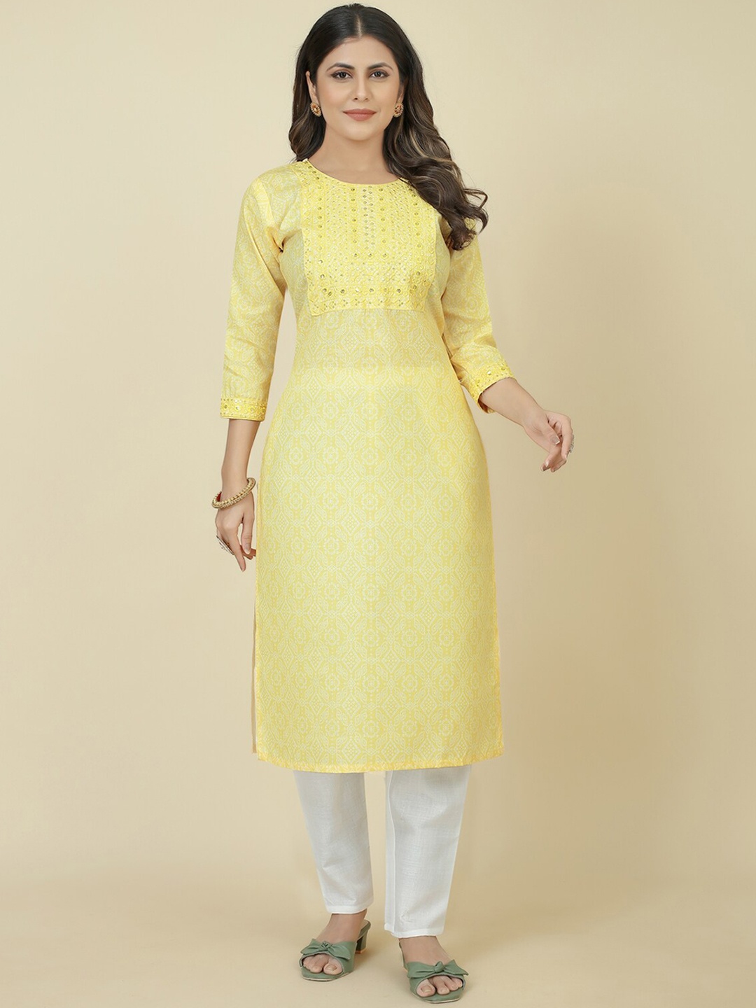 

ZIRVI Ethnic Motifs Printed Thread Work Kurta with Trousers, Yellow