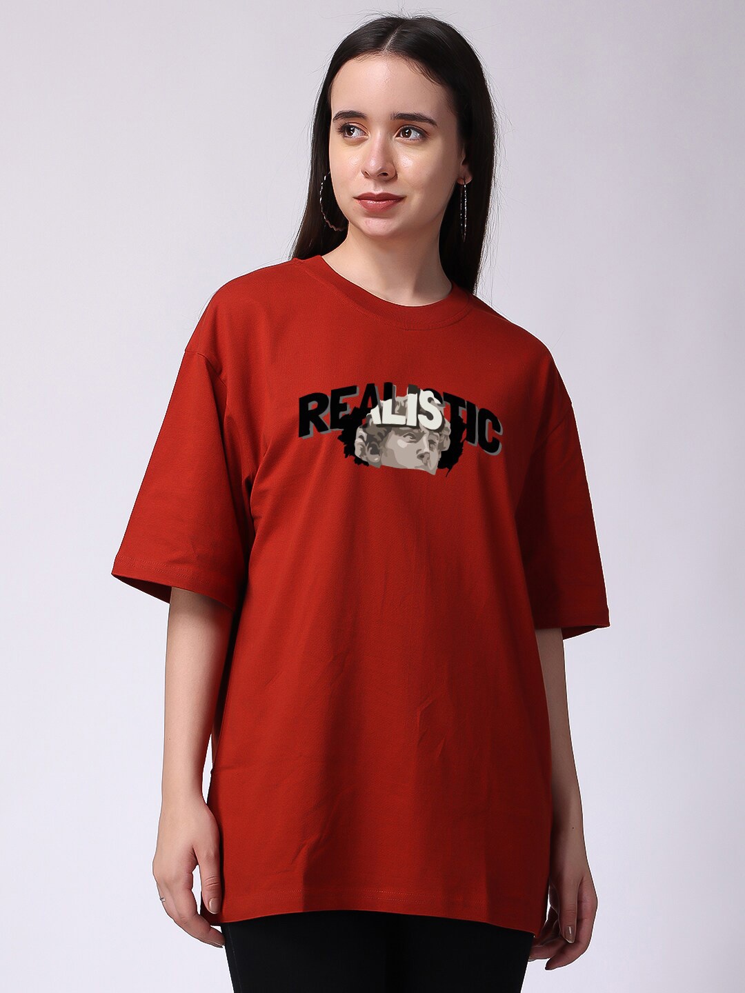 

The Label Bar Typography Printed Drop-Shoulder Sleeves Cotton Oversized T-shirt, Rust