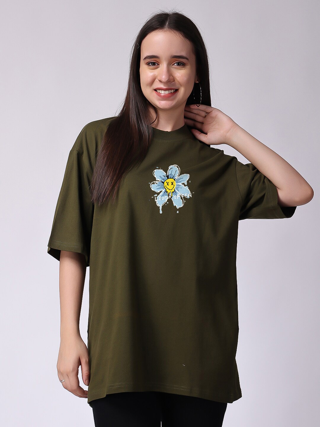 

The Label Bar Printed Drop-Shoulder Sleeves Cotton Oversized T-shirt, Olive