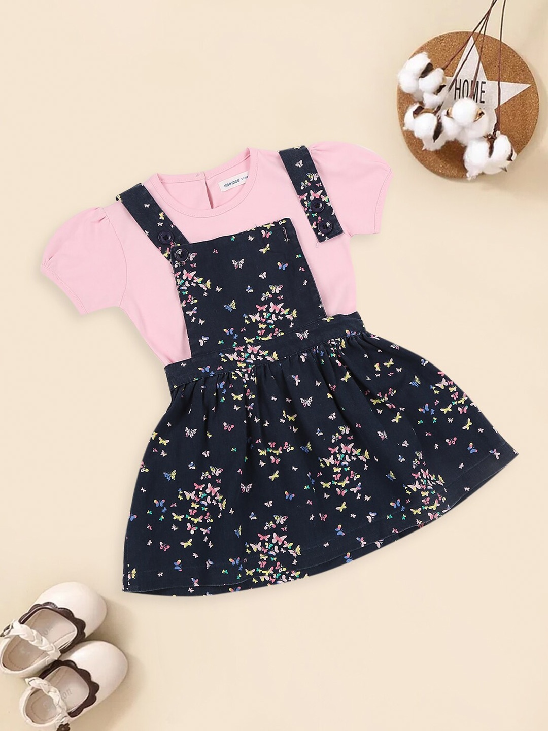 

MeeMee Girls Floral Printed Cotton Pinafore Dress, Blue