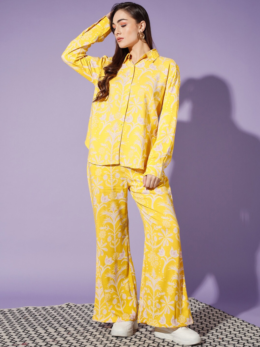 

SCORPIUS Floral Printed Pure Cotton Shirt With Straight Trouser Co-Ords, Yellow