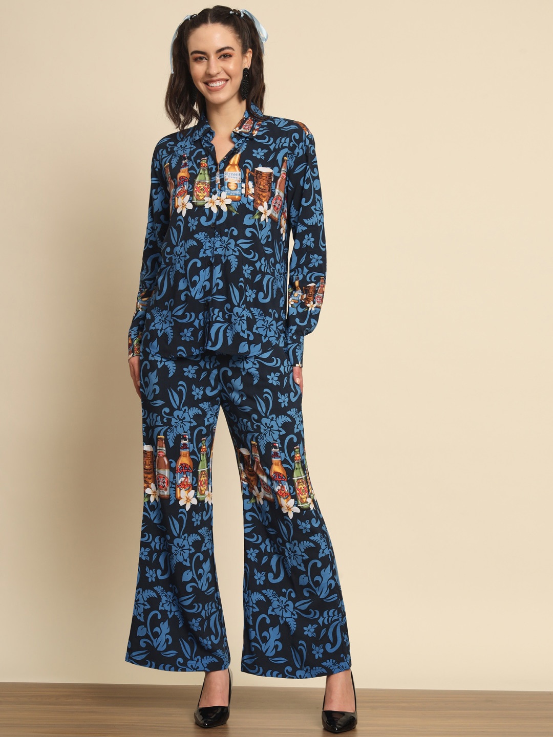 

SCORPIUS Floral Printed Shirt With Straight Trouser Co-Ords, Navy blue