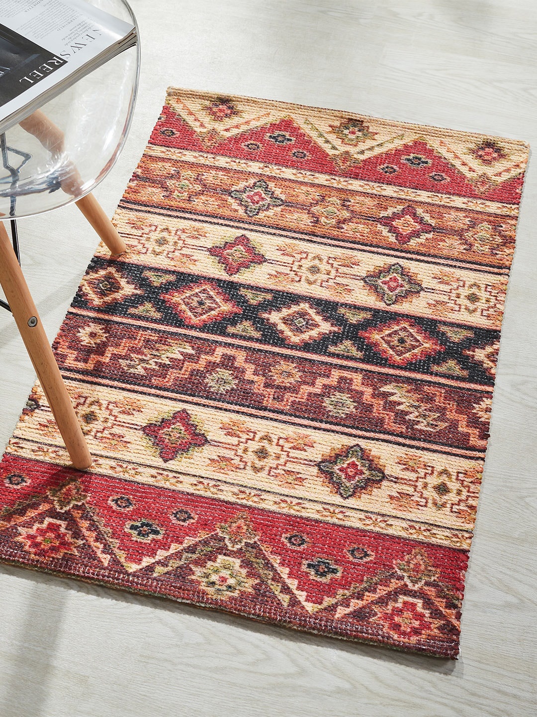 

Mona B Red & Beige Printed Vintage Anti-Skid Dhurrie Carpet
