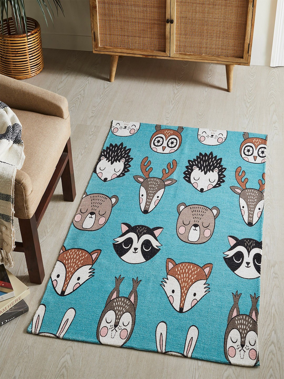 

Mona B Blue & Grey Printed Vintage Anti-Skid Dhurrie Carpet