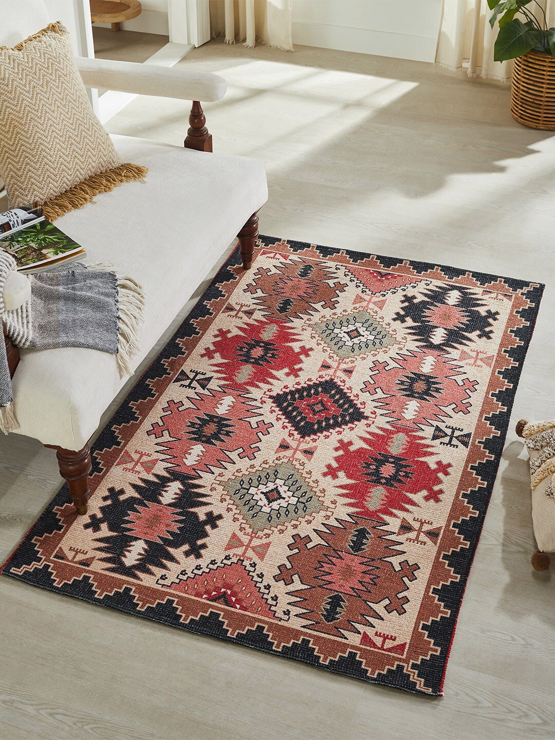 

Mona B Red & Black Printed Vintage Ani-Skid Dhurrie Carpet Rug