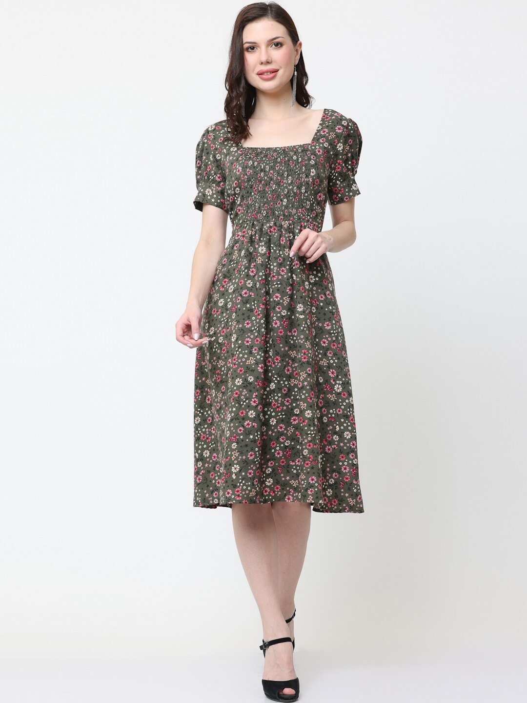

KURTSY Floral Printed Puff Sleeve Smocked Fit & Flare Dress, Olive