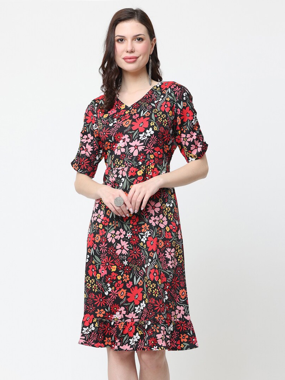 

KURTSY Floral Print Crepe Fit & Flare Dress, Black