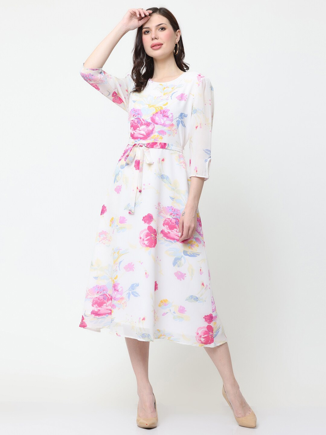 

KURTSY Floral Printed Tie-Up Fit & Flare Midi Dress, White