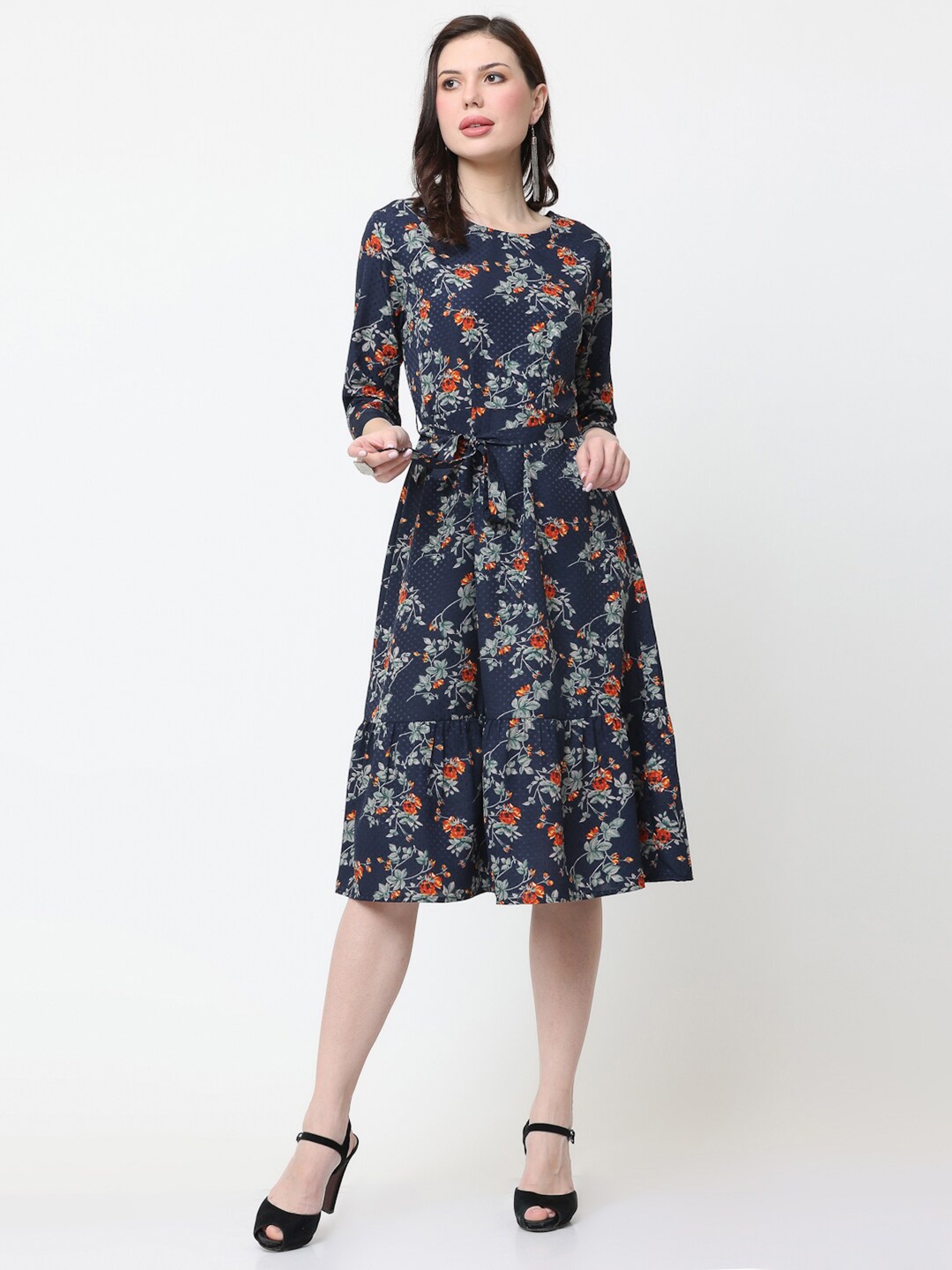 

KURTSY Floral Printed Tie-Up Fit & Flare Dress, Navy blue