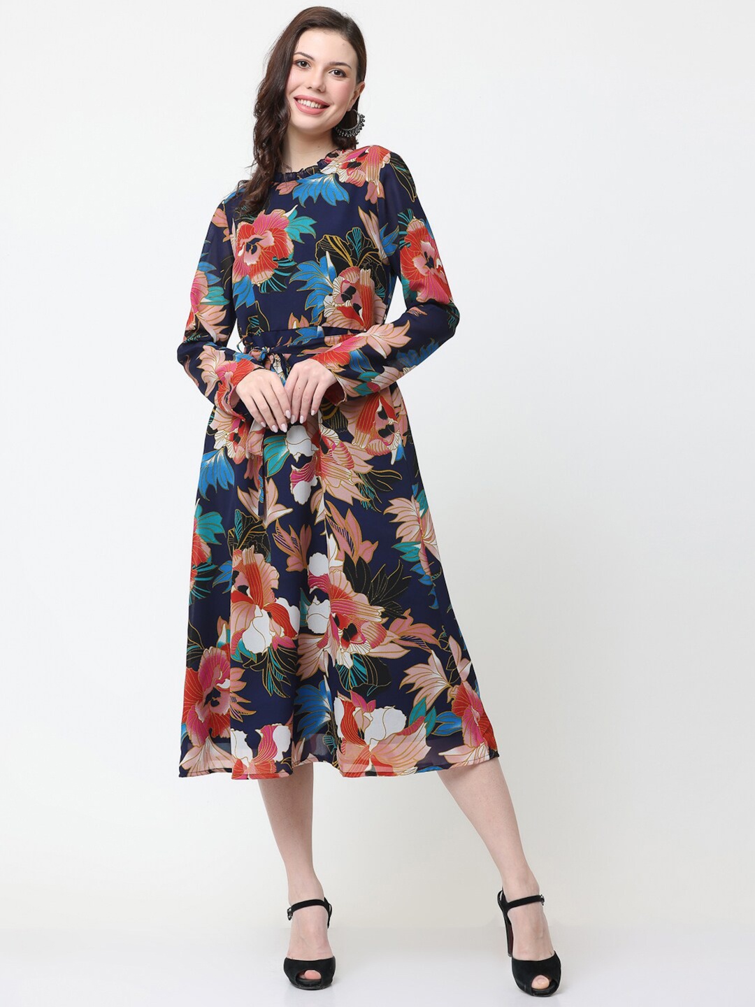 

KURTSY Floral Printed Tie-Up Satin Fit & Flare Midi Dress, Navy blue