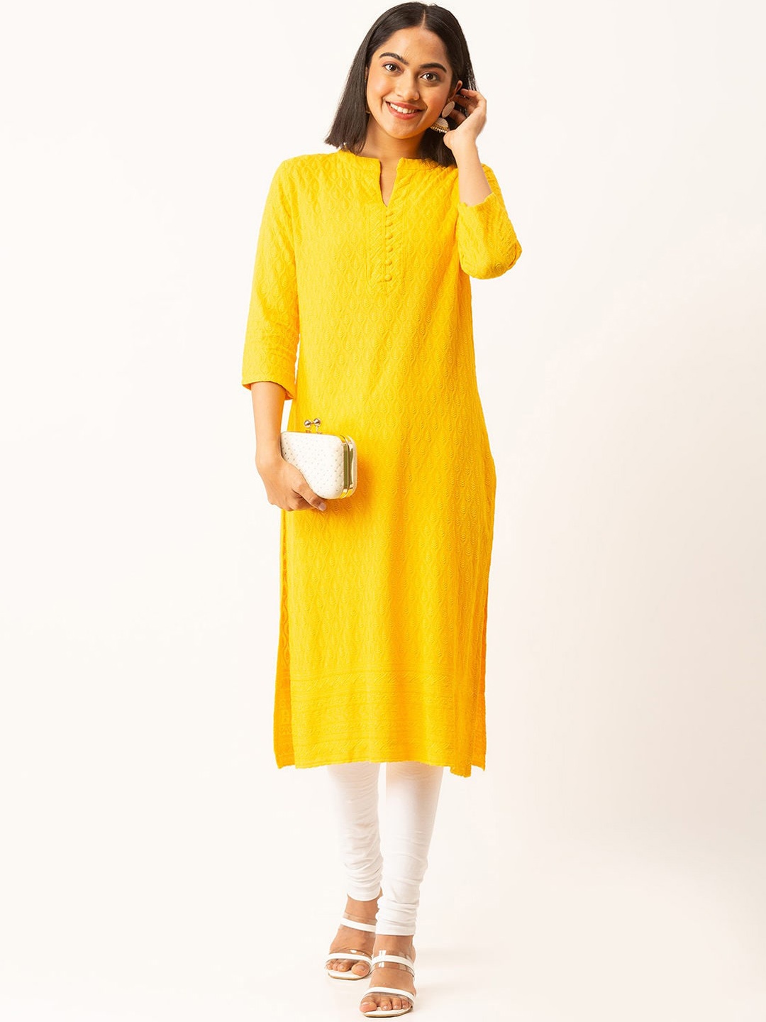 

ZOLA Women Ethnic Motifs Thread Work Chikankari Kurta, Yellow