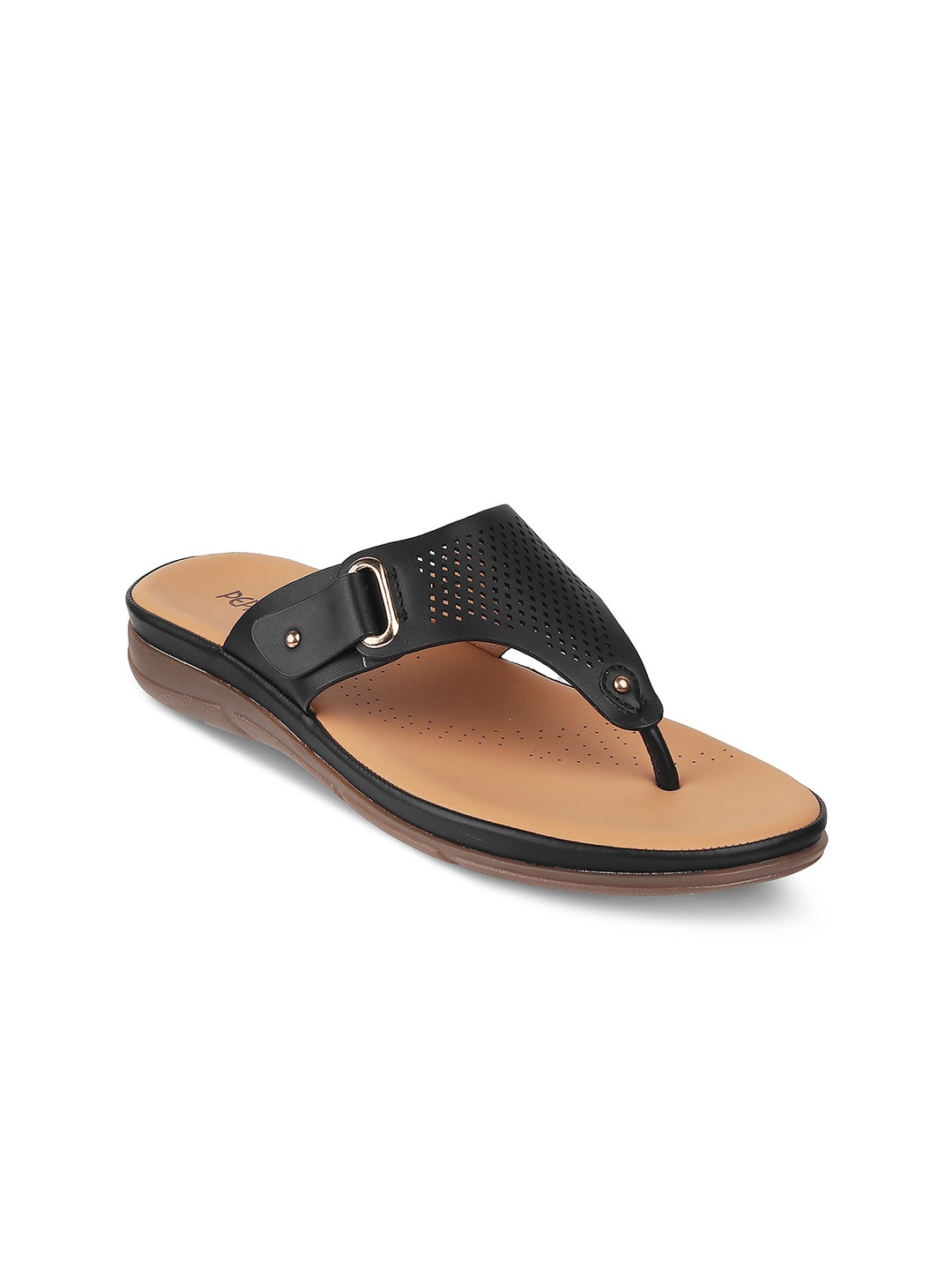 

PEPPER Textured Open Toe Flats With Laser Cuts, Black