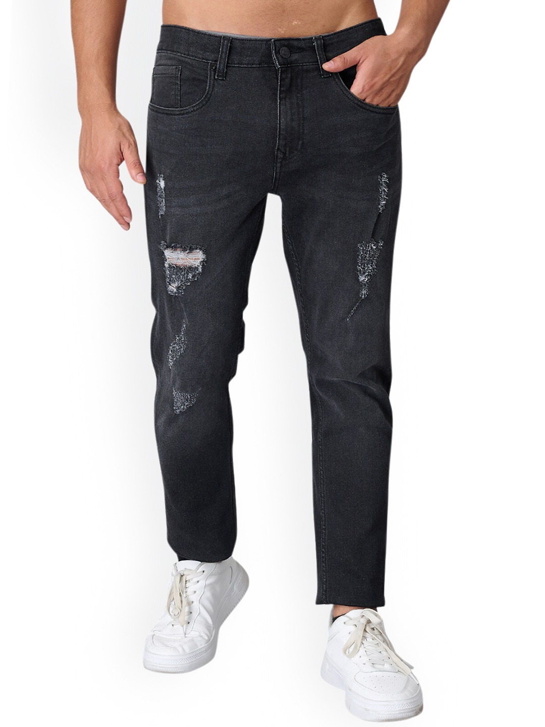 

Old Grey Men Skinny Fit Mildly Distressed Stretchable Jeans, Black