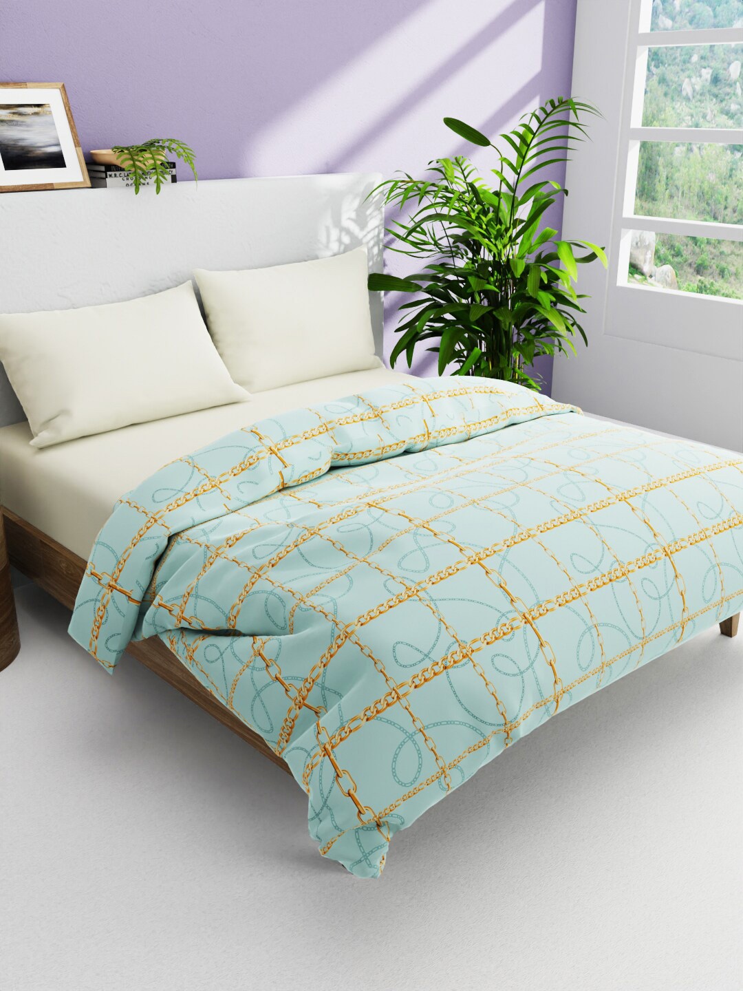 

BIANCA Blue & Gold-Toned Checked AC Room Pure Cotton 300 GSM Double Bed Comforter