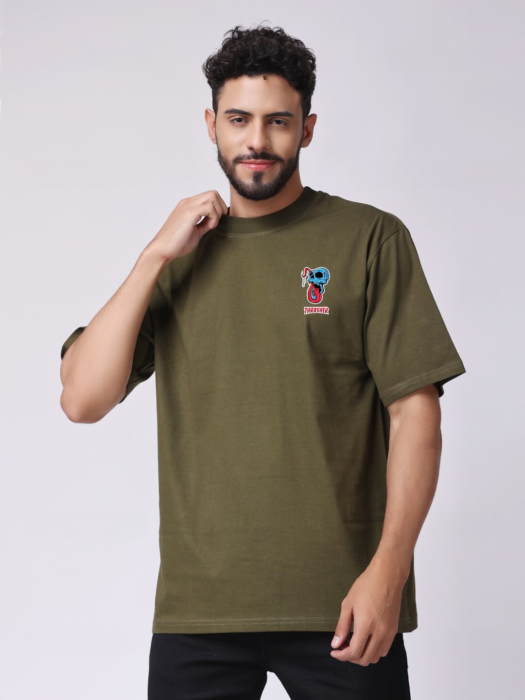 

The Label Bar Round Neck Cotton Oversized T-shirt, Olive