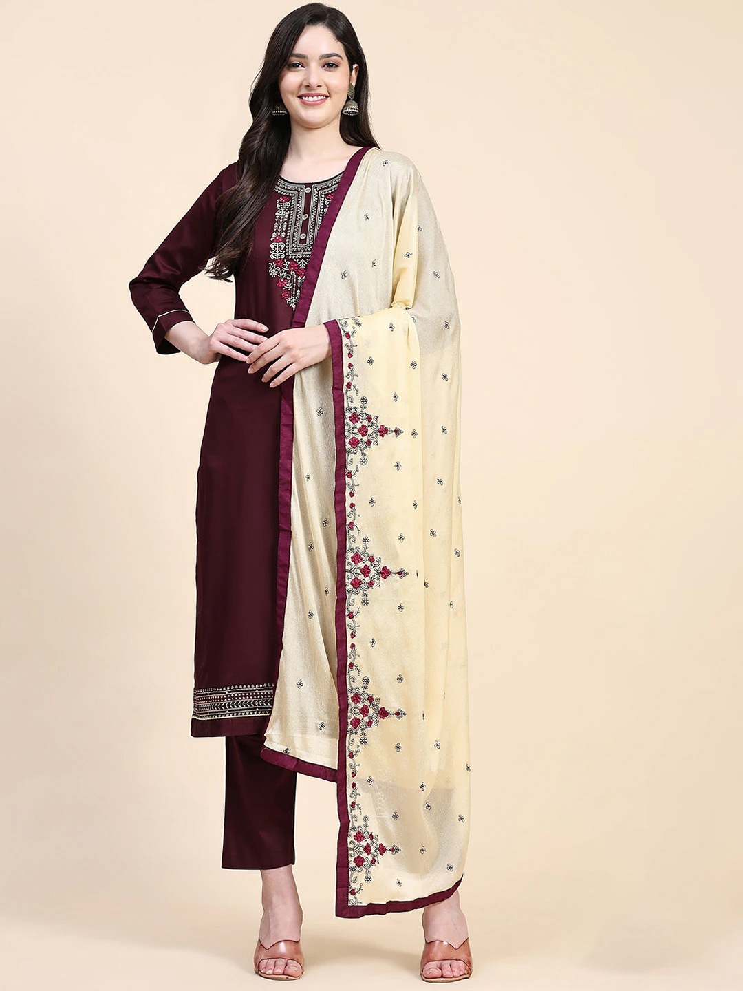

Nivah Fashion Ethnic Motifs Thread Work Kurti with Trousers & Dupatta, Purple