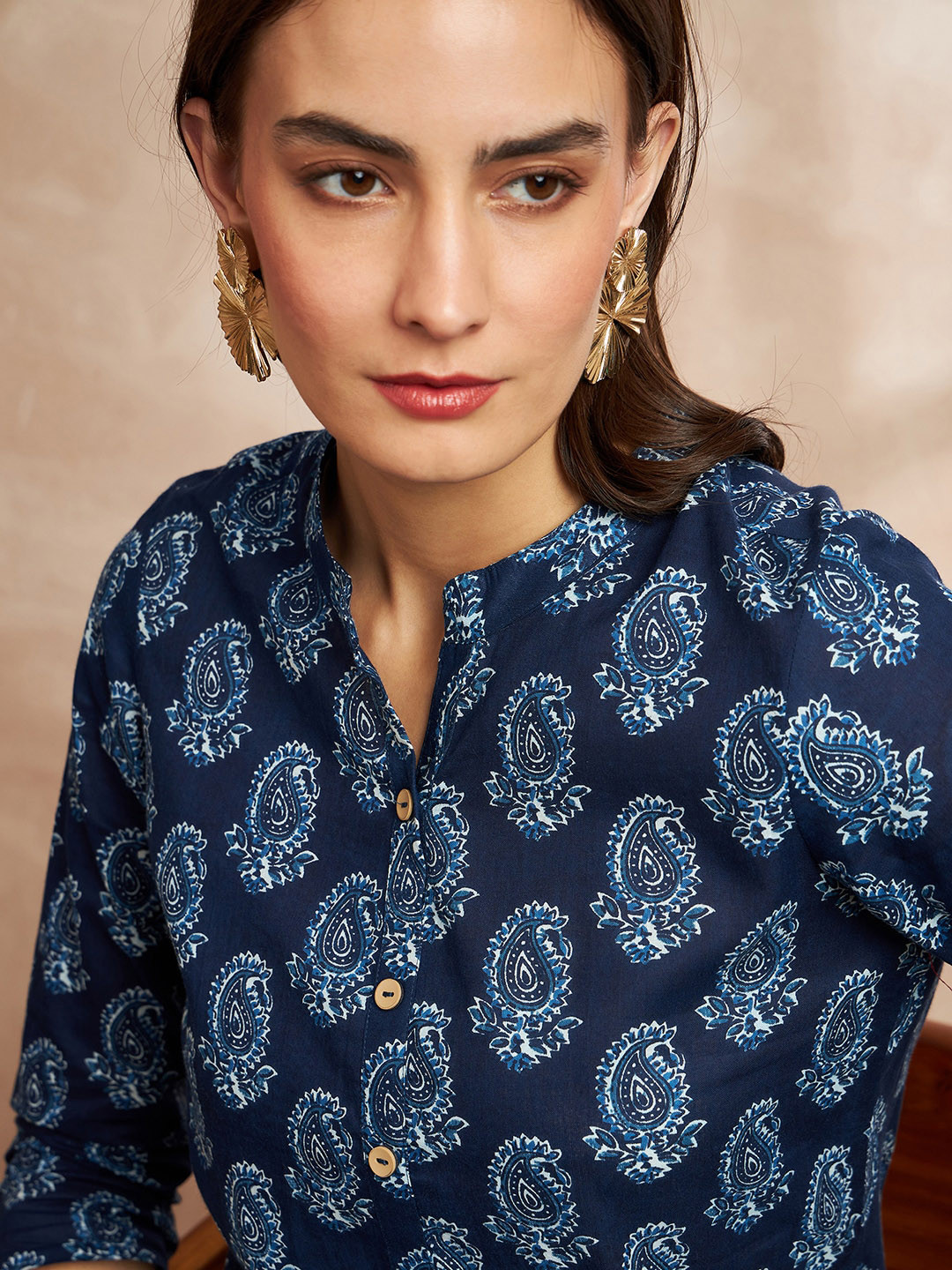 

all about you Ethnic Motifs Printed Mandarin Collar Cotton Straight Kurta, Navy blue