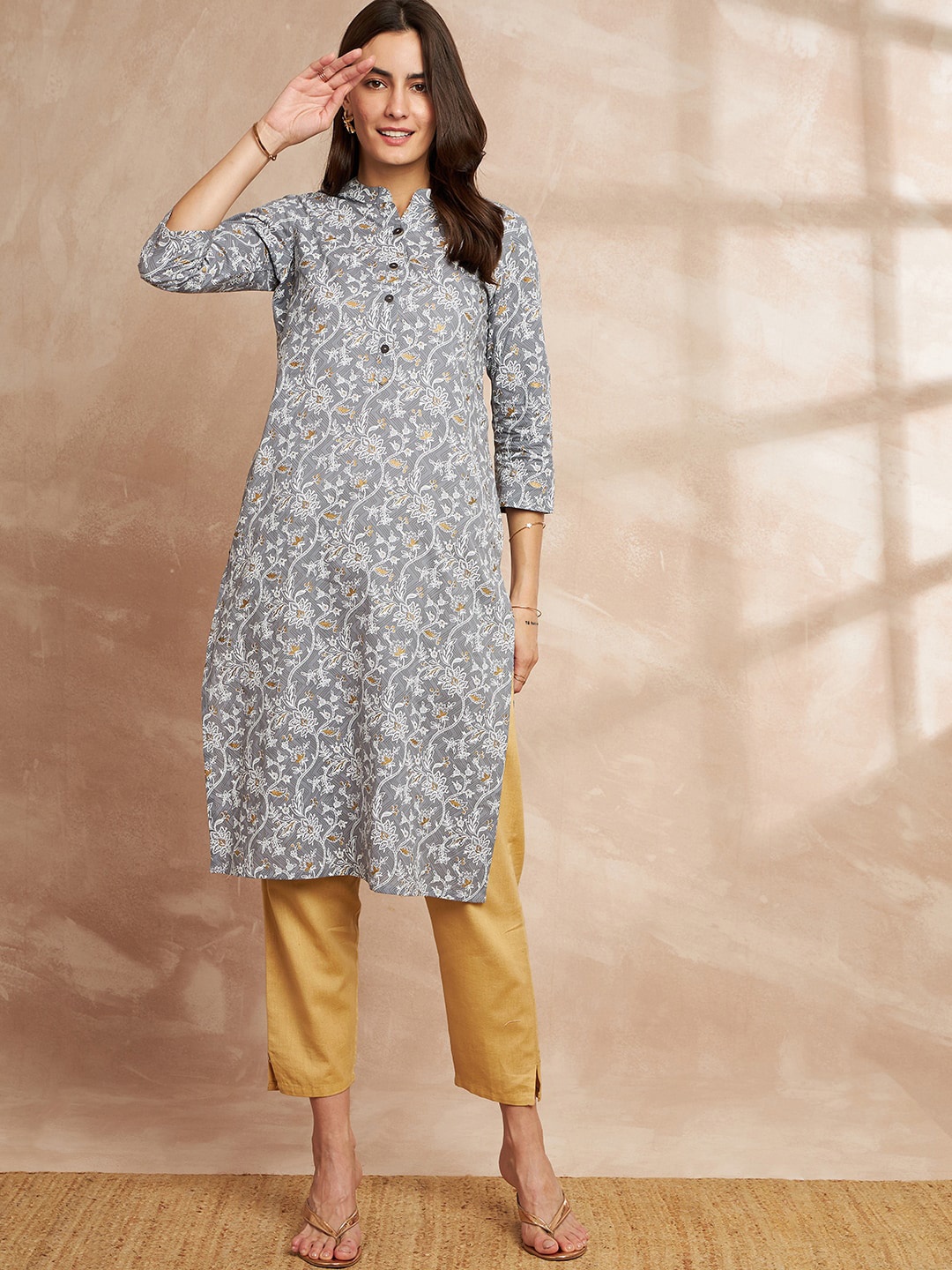 

all about you Floral Printed Straight Pure Cotton Kurta, Grey