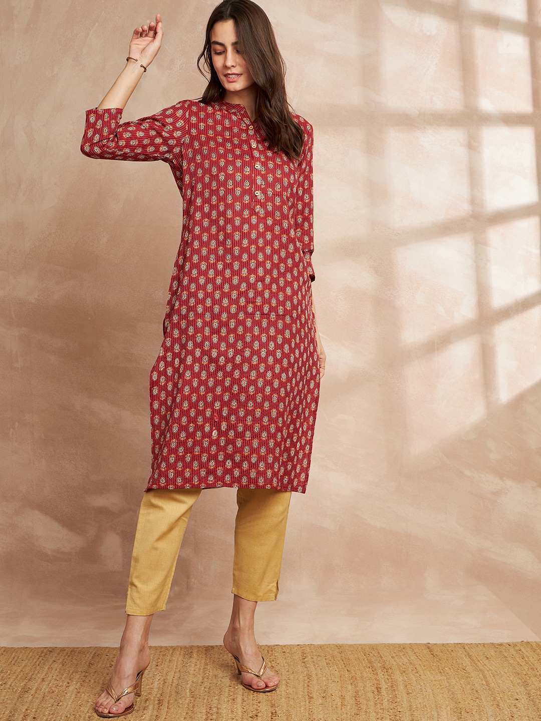 

all about you Ethnic Motifs Printed Straight Pure Cotton Kurta, Rust
