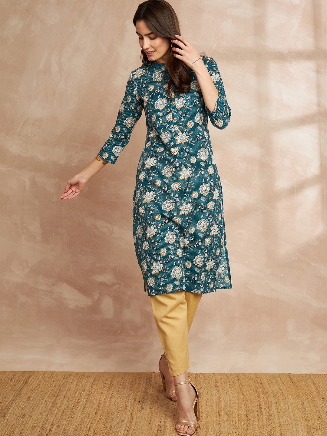 all about you Floral Printed Straight Pure Cotton Kurta, Teal
